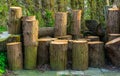 Accumulation of wooden tree trunks, natural background, timbered wood Royalty Free Stock Photo
