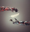 Two robot hands holding a flake.