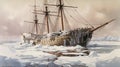 Accurate Color Illustration Of Endurance Ship Crushed By Ice In Antarctica