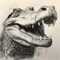 Accurate And Detailed Crocodile Head Pencil And Ink Painting