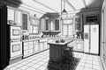 accurate, detailed kitchen sketch in black and white