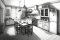 accurate, detailed kitchen sketch in black and white