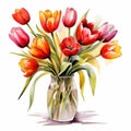 Accurate And Detailed Watercolor Bouquet Of Tulips In Vase