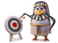 Accurate penguin pharaoh Tutankhamun points at the bullseye on the target, 3d illustration