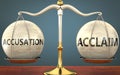 Accusation and acclaim staying in balance - pictured as a metal scale with weights and labels accusation and acclaim to symbolize