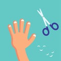 Smiling Cute Cutting nails to a child, Habituate kid card or poster. Royalty Free Stock Photo