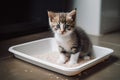 Accustoming a pet kitten or cat to a toilet tray Royalty Free Stock Photo