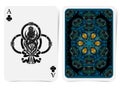 Ace of clubs face with clubs thistle plant inside nd ribbon and back with blue floral pattern on dark suit.