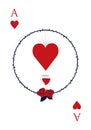 Ace of hearts surrounded by a circle of thorns. Glass of wine and roses.
