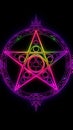 Ace of Pentacles. Five-pointed neon star on black background