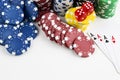 Ace playing cards with red dice. Poker chips on the white background Royalty Free Stock Photo