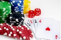 Ace playing cards with red dice. Poker chips on the white background Royalty Free Stock Photo