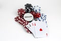 Ace playing cards with red dice. Poker chips on the white background Royalty Free Stock Photo