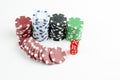 Ace playing cards with red dice. Poker chips on the white background Royalty Free Stock Photo
