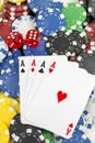 Ace playing cards with red dice. Poker chips on the white background Royalty Free Stock Photo