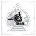 Ace of spades with black silhouette of face old locomotive with smoke on bridge and wild landscape. Royalty Free Stock Photo