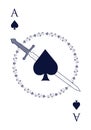 Ace of spades crossed with a sword, surrounded by a garland of leaves.