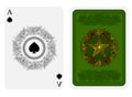 Ace of spades face with spades in center of flower pattern round frame and back with gold star with pattern on green suit