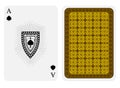 Ace of spades face with spades inside shield frame and back with gold brown texture suit. Vector card template