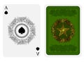 Ace of spades face with spades in center of flower pattern round frame and back with gold star with pattern on green suit.