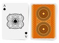 Ace of spades face with spades inside curly pattern square frame and back with golden orange geometrical pattern suit