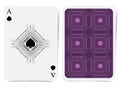 Ace of spades face with spades inside rombus curly line frame and back with violet geometrical pattern suit. Royalty Free Stock Photo