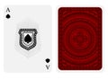 Ace of spades face with spades inside shield with rays and back side with red pattern suit. Vector card template