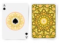 Ace of spades face with spades inside yellow geometrical pattern round frame and back with orange pattern on suit.