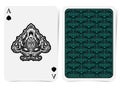 Ace of spades face with thistle plant pattern and back with green floral pattern on dark suit.