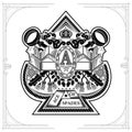 Ace of spades form with crossed keys and vintage elements inside. Design playing card element black