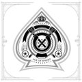 Ace of spades form with round ribbon frame and crossed signal flags inside. Marine design playing card element black Royalty Free Stock Photo