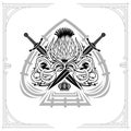 Ace of spades form with thistle floral pattern and crossed swords. Design element black