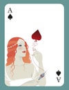 Ace of spades inspired by the story of Sleeping Beauty. Beautiful girl with a spindle in her hand unraveling a spade