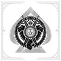 Ace of spades with round shield and cross swords, ribbons into round belt frame. Heraldic Label Royalty Free Stock Photo