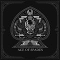 Ace of spades from skull front view between wreath and vintage weapon. Vintage heraldic label on black