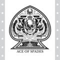 Ace of spades from skull front view between wreath and vintage weapon. Vintage heraldic label isolated