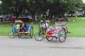 small children work pulling the mini rickshaw in the park