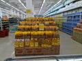 Aceh, Indonesia - 23 July 2023: Aisle view of shelf products and people shopping