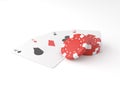 Aces lying near realistic casino chips or playing cards of different suits and stack of gambling tokens for blackjack or sport po