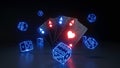 Aces Playing Cards and Dices With Glowing Neon Blue Lights Isolated On The Black Background - 3D Illustration