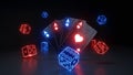 Aces Playing Cards and Dices With Glowing Neon Lights Isolated On The Black Background - 3D Illustration Royalty Free Stock Photo