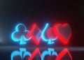 Aces playing cards symbol clubs, diamons, spades and hearts with futuristic red and blue glowing neon lights isolated on the black Royalty Free Stock Photo