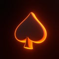 Aces playing cards symbol spades with bright glowing futuristic orange neon lights on black background Royalty Free Stock Photo
