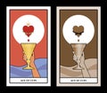 Aces of Tarot Cards. Cups. Hand holding a golden cup under a symbolic heart surrounded by thorns. Waves of water in the background