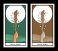 Aces of Tarot Cards. Wands. Hand holding a rod surrounded by leaves and flowers on sun and green field in the background