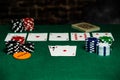 4 aces in Texas Hold-em on a green felt playing surface surrounded by betting chips and a big blind chip.  Bright foreground with Royalty Free Stock Photo