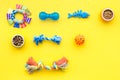 Acessories for the grooming of the dog. Food and toys for dogs. Yellow background top view mock-up