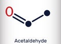 Acetaldehyde, ethanal, CH3CHO molecule. It is ketone, is used in the manufacture of acetic acid, perfumes, dyes, drugs, as a