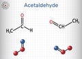 Acetaldehyde, ethanal, CH3CHO molecule. It is ketone, is used in the manufacture of acetic acid, perfumes, dyes, drugs, as a