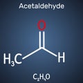 Acetaldehyde, ethanal, CH3CHO molecule. It is ketone, is used in the manufacture of acetic acid, perfumes, dyes, drugs, as a